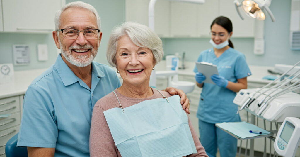 two seniors sitting on a dental chair and using their government dental coverage for seniors in Canada.