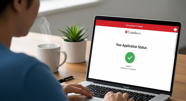 a person sitting at a desk, using CDCP status checker 2025 on the official Canada.ca website.