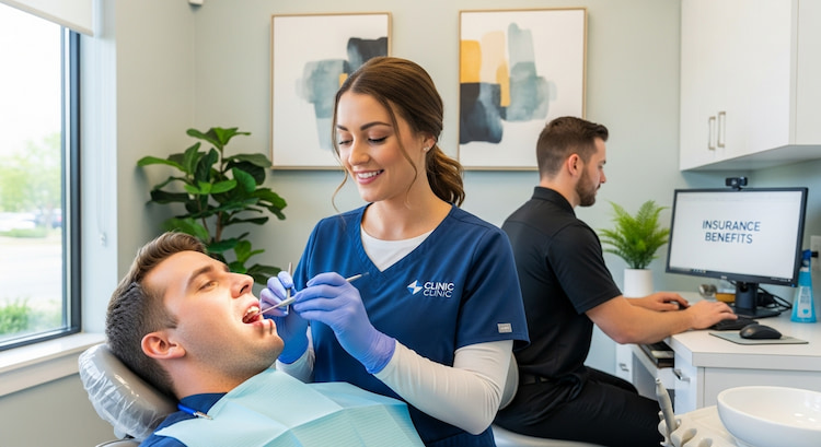 A dental hygienist cleaning a patient’s teeth while another staff member enters notes on a computer screen labeled “Insurance Benefits.”