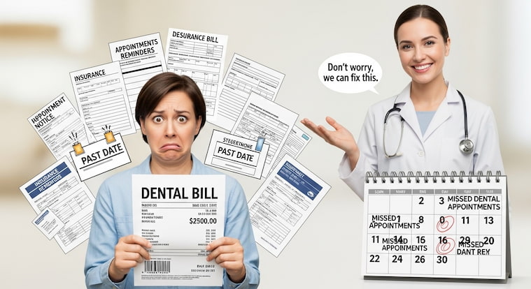 a person looking worriedly at a dental bill, surrounded by paperwork and a calendar with missed dates.