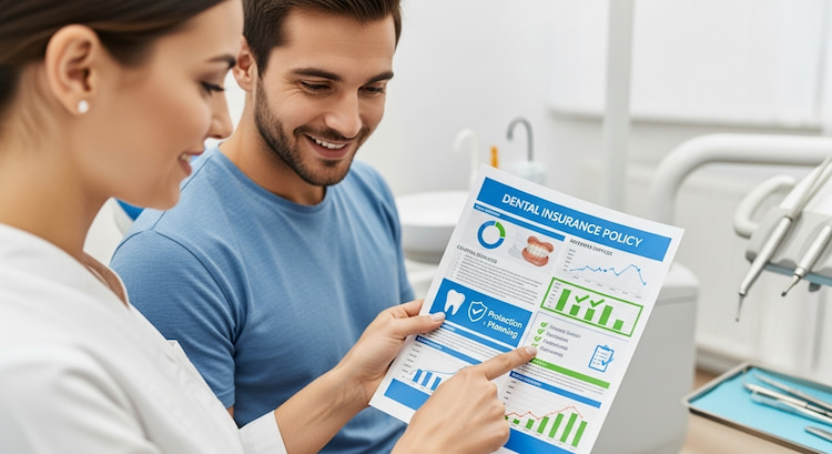 A close-up of a dentist and a patient looking at a dental insurance policy document, discussing how to maximize dental insurance benefits.