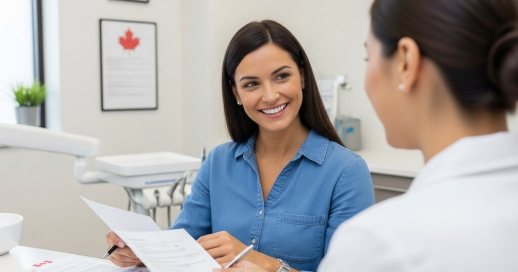 a patient reviewing dental insurance forms with a dentist to maximize your dental insurance benefits.