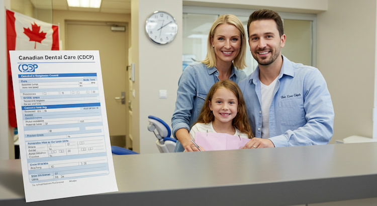parents with their daughter is standing in a dental office with the CDCP form on the counter.