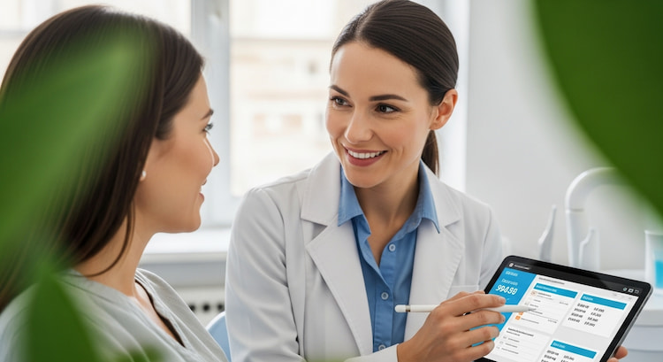 A friendly dentist consulting a patient, showing empathy and offering CDCP alternative options on a clipboard or tablet.