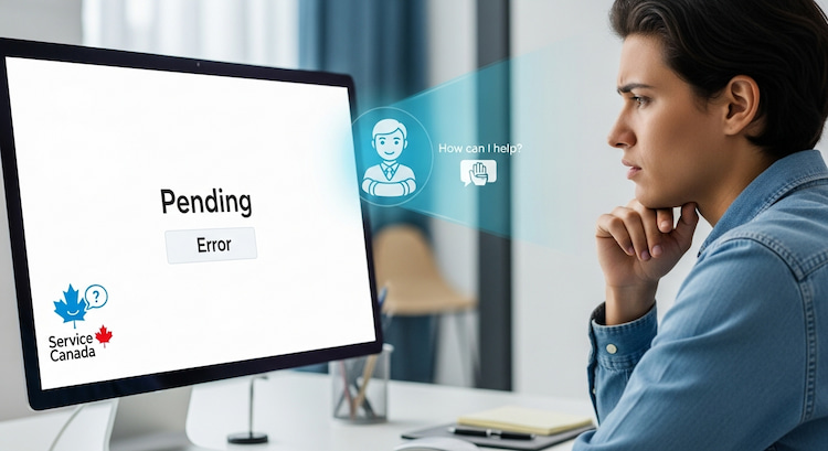a confused applicant looking at a computer screen with a “Pending” or “Error” notification.