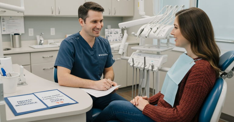 A dentist sitting with a patient in a clinic, discussing dental insurance vs CDCP.