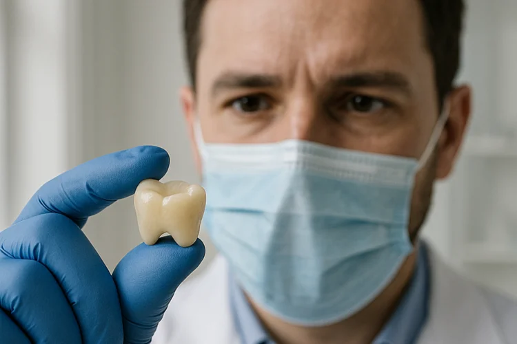 A picture of a dentist looking at a dental crown