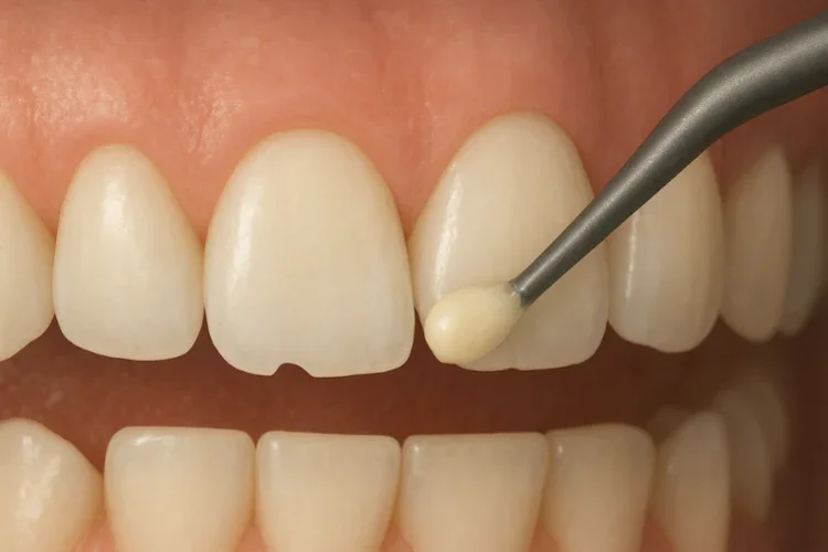 A picture of a chipped tooth getting filled with composite resin